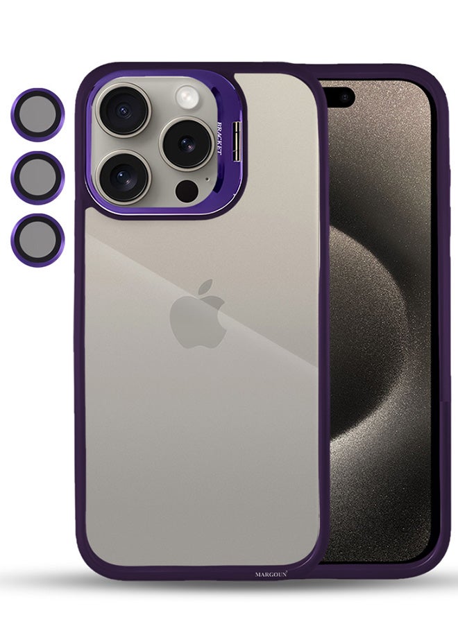 MARGOUN - iPhone 15 Pro Case Cover And Lens Protector Built-In Camera Stand And Compatible With Magsafe Full Body Shockproof Case Clear Purple - Image 1
