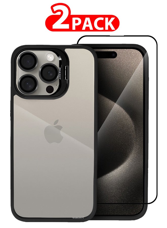 MARGOUN 2 Pack Iphone 15 Pro Case Cover And Lens Protector And Screen Protector Built-In Camera Stand And Compatible With Magsafe Full Body Shockproof Case Clear Black - Image 1