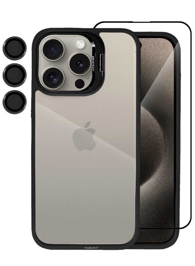 MARGOUN 2 Pack Iphone 15 Pro Case Cover And Lens Protector And Screen Protector Built-In Camera Stand And Compatible With Magsafe Full Body Shockproof Case Clear Black - Image 2