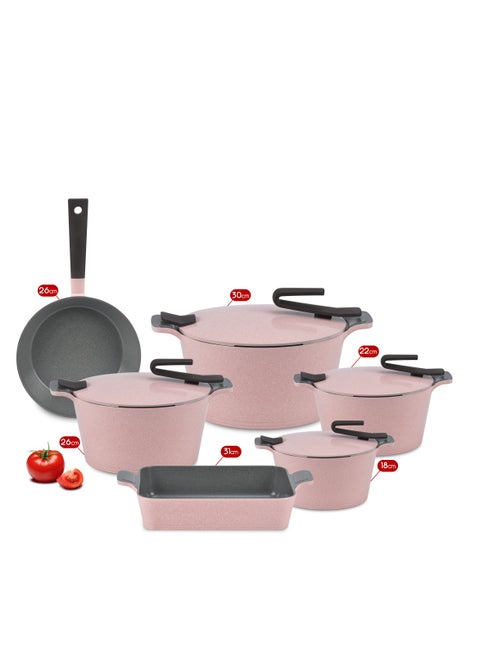 10Pieces Granite set of healthy non-stick rounded kitchen cookware made of Pyrex artisan granite, with a rose frying pan. pink