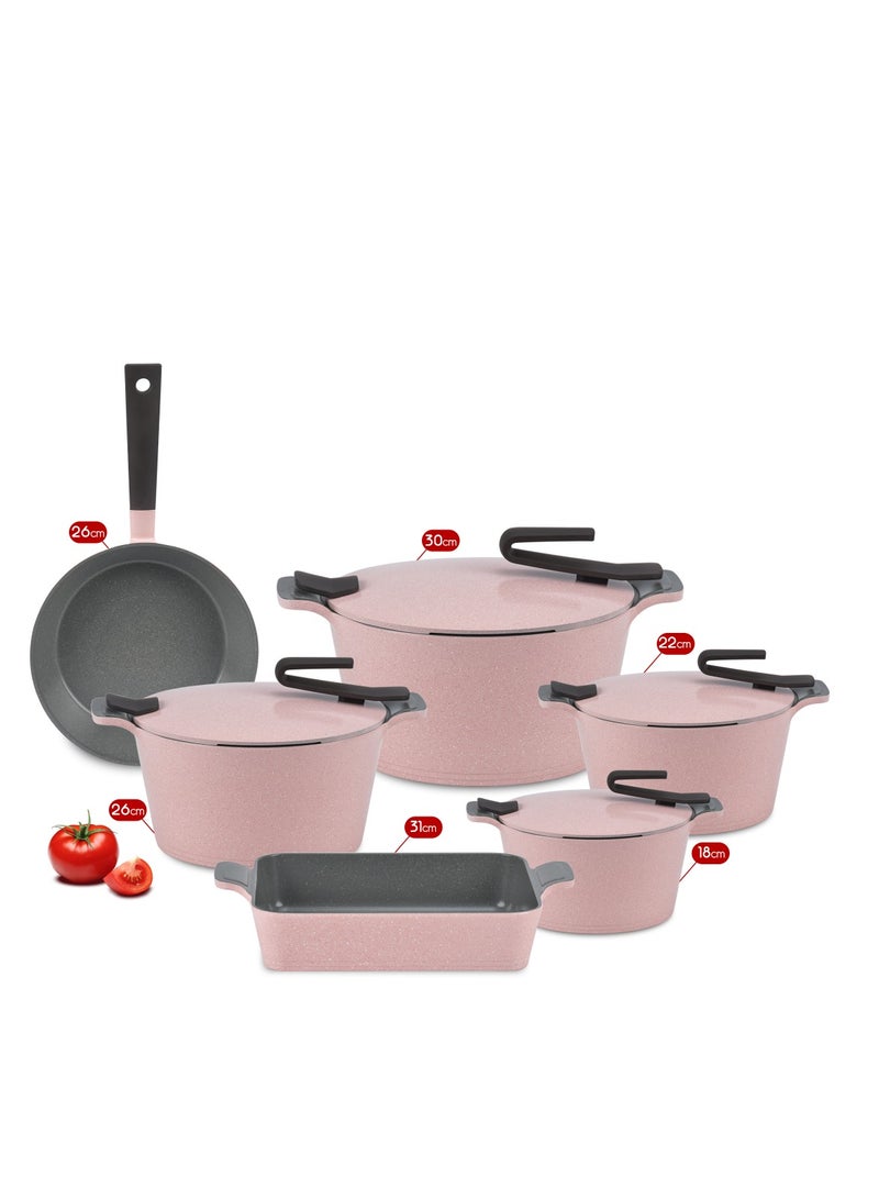 10Pieces Granite set of healthy non-stick rounded kitchen cookware made of Pyrex artisan granite, with a rose frying pan. pink