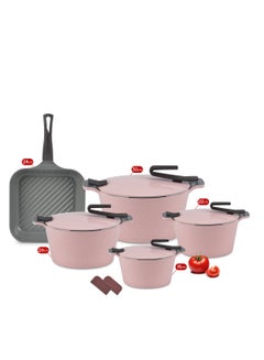 9Pieces Granite Kitchen Cookware Set, Healthy, Non-Stick, Round, Artisan Pyrex Granite, Grill Rose pink