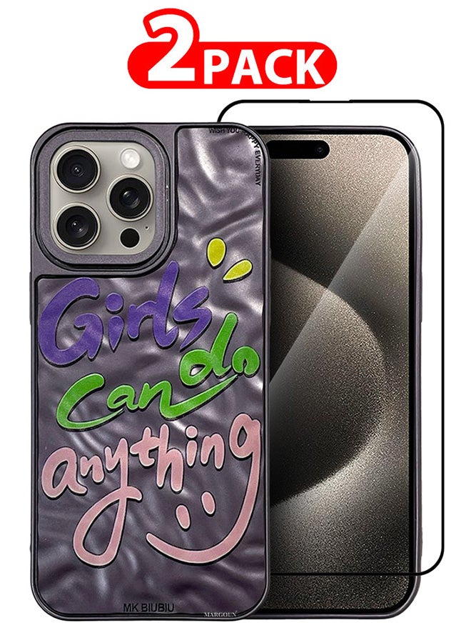 مارجون حافظة آيفون 15 برو ماكس 2 عبوة وواقي شاشة حافظة هاتف حرفية تصميم جديد غلاف ناعم متين وعصري / الفتيات يمكنهن فعل أي شيء - Image 1