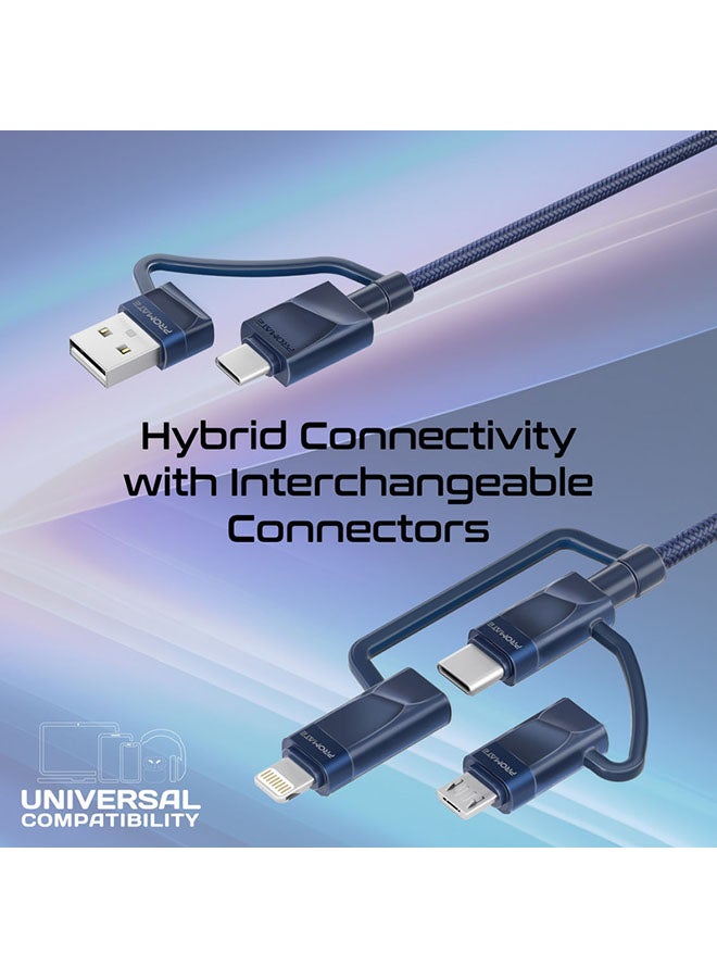 6-In-1 Multi Charging Cable Premium Hybrid 20V 3A USB-C Micro USB Connectors To USB-A With USB-C Fast Sync Charging Cable Data Cord And 60W Type-C To Type-C Power Delivery Navy