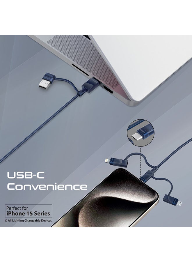 6-In-1 Multi Charging Cable Premium Hybrid 20V 3A USB-C Micro USB Connectors To USB-A With USB-C Fast Sync Charging Cable Data Cord And 60W Type-C To Type-C Power Delivery Navy