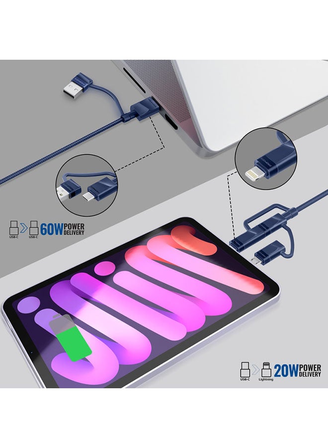 6-In-1 Multi Charging Cable Premium Hybrid 20V 3A USB-C Micro USB Connectors To USB-A With USB-C Fast Sync Charging Cable Data Cord And 60W Type-C To Type-C Power Delivery Navy