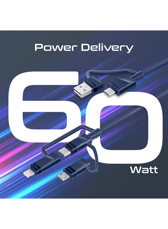 6-In-1 Multi Charging Cable Premium Hybrid 20V 3A USB-C Micro USB Connectors To USB-A With USB-C Fast Sync Charging Cable Data Cord And 60W Type-C To Type-C Power Delivery Navy