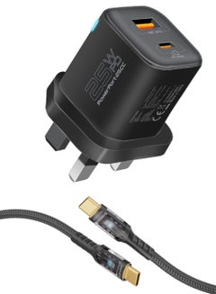 بروميت شاحن حائط بمنفذ مزدوج 25 وات USB-C توصيل طاقة مع منفذ شحن 18 وات QC 3.0 USB-A و60 وات USB-C موصلات شفافة كابل 1.2 متر أسود  - Image 1
