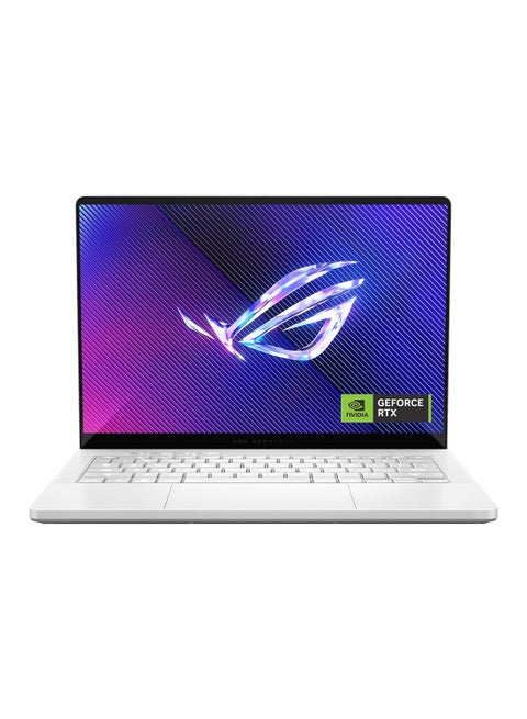 كمبيوتر محمول للألعاب ROG Zephyrus G14 GA403UI-OLED7WPW بشاشة مقاس 14 بوصة ومعالج AMD Ryzen 7-8840HS وذاكرة وصول عشوائي سعة 16 جيجابايت ومحرك أقراص SSD سعة 1 تيرابايت وبطاقة رسومات NVIDIA GeForce RTX 4070 سعة 8 جيجابايت ونظام تشغيل Windows 11 Pro إنجليزي/عربي أبيض بلاتيني