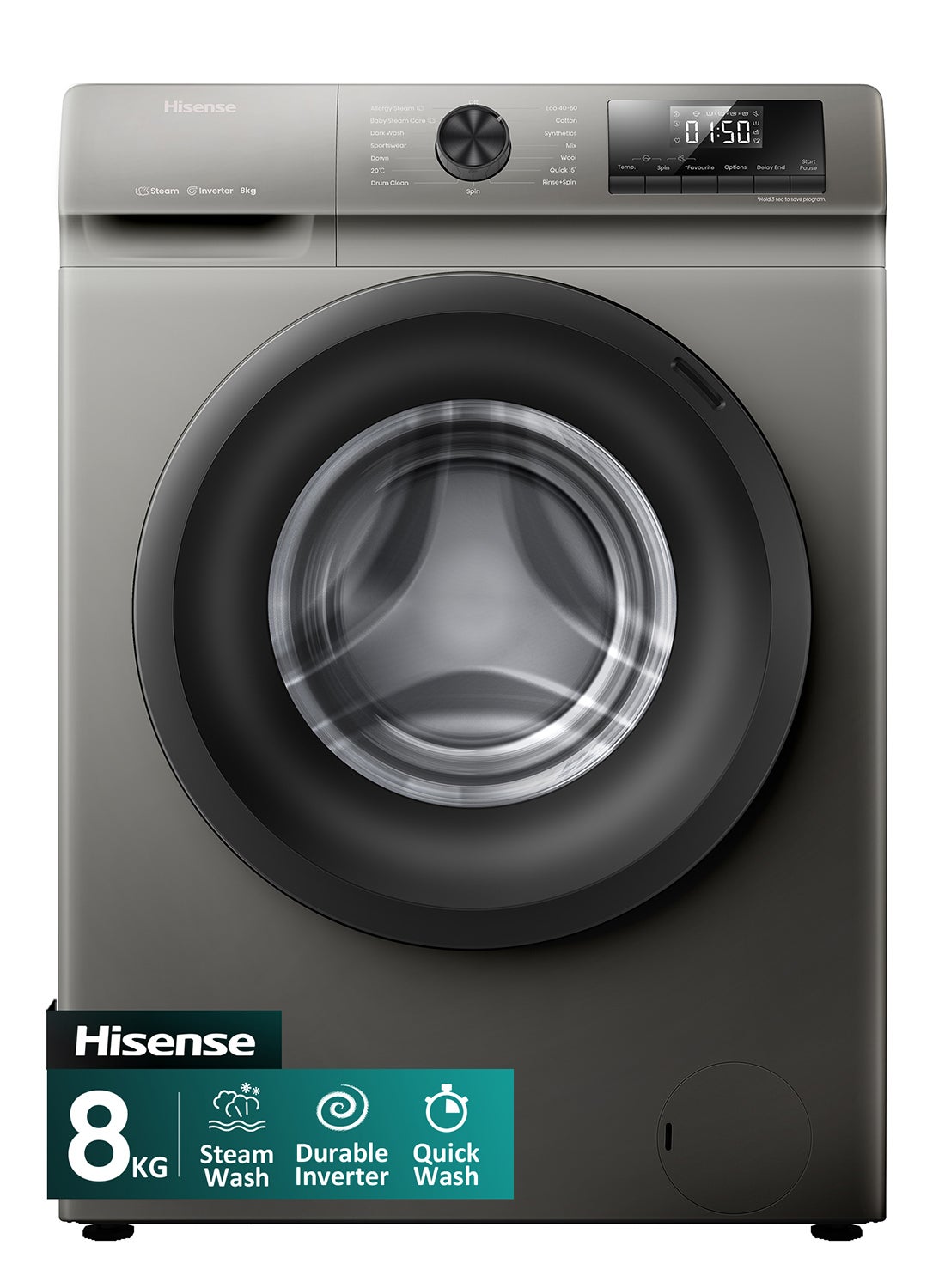 8 kg Front Loading Washing Machine, 1200RPM, Steam Wash, Durable Inverter, Quick Wash, Self-Diagnostic fault finding, Drum Clean, Delay End, 8 kg WFSQ8012VMT Grey