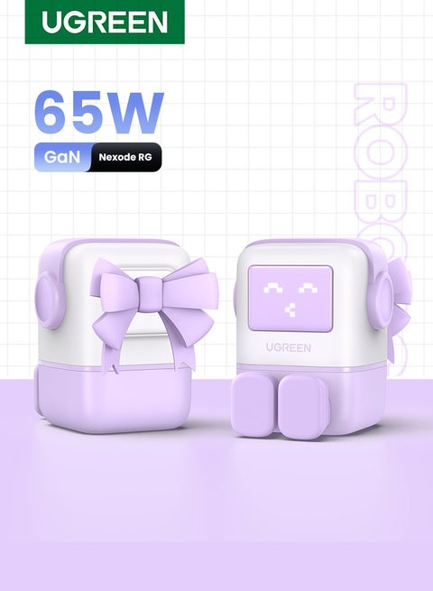 Uno 65W Type C Charger Dynamic Expression Display 2C1A USB C Charger With LED Screen Fun Charging Fast USB Type C Wall Adapter Portable Mini Size GaN Charger Adapter For iPhone 16 Series Galaxy S24 Purple