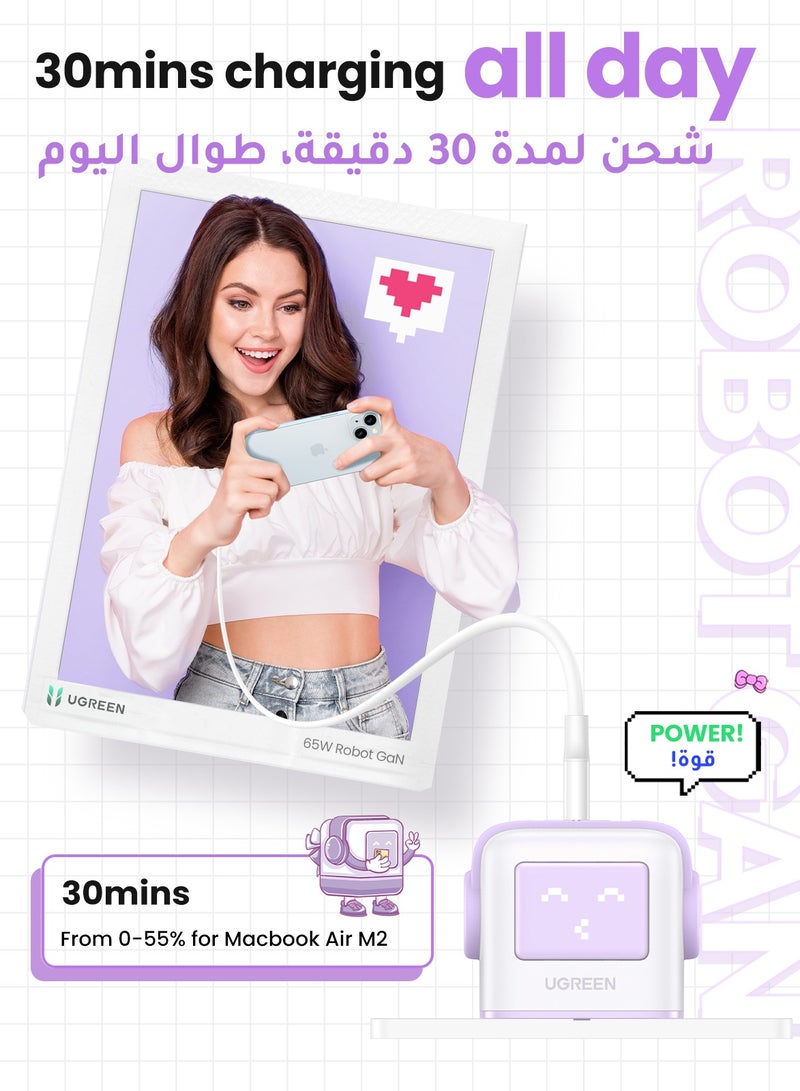 Ugreen - Uno 65W Type C Charger Dynamic Expression Display 2C1A USB C Charger With LED Screen Fun Charging Fast USB Type C Wall Adapter Portable Mini Size GaN Charger Adapter For iPhone 16 Series Galaxy S24 Purple - Image 1