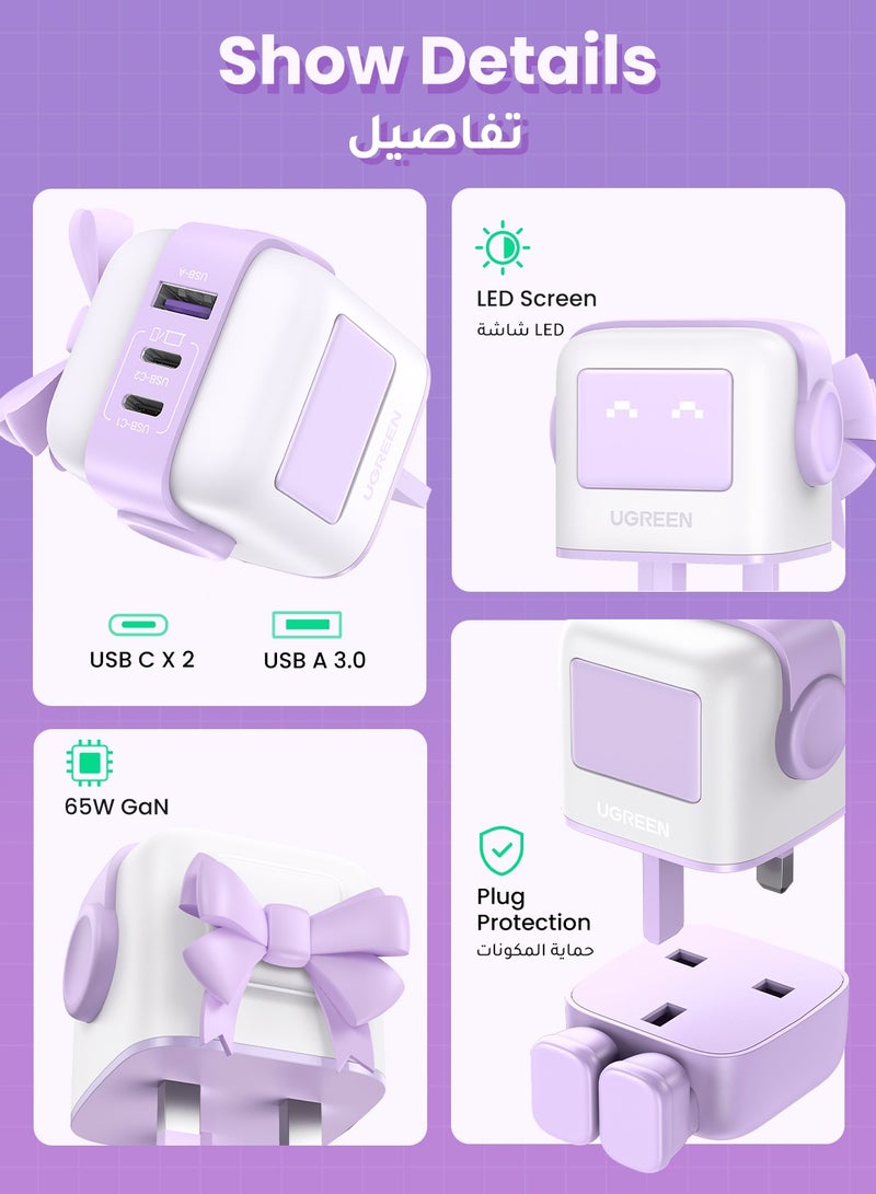 Ugreen - Uno 65W Type C Charger Dynamic Expression Display 2C1A USB C Charger With LED Screen Fun Charging Fast USB Type C Wall Adapter Portable Mini Size GaN Charger Adapter For iPhone 16 Series Galaxy S24 Purple - Image 1