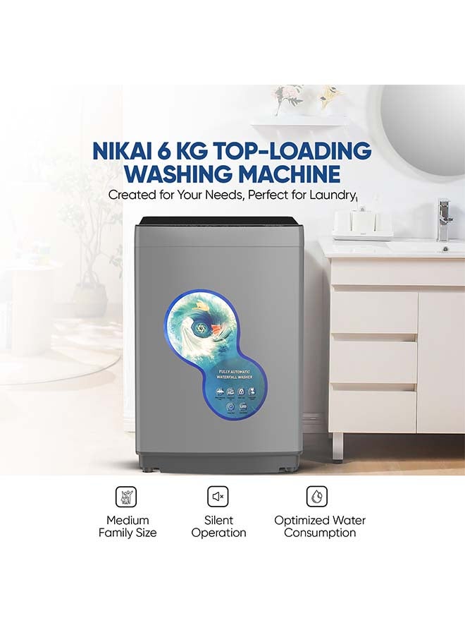 نيكاي غسالة أوتوماتيكية بالكامل تحميل علوي، نظام غسيل غامض، فلتر سحري، شاشة رقمية، تشغيل صامت، 6 كجم NWM600TK23N رمادي - Image 2