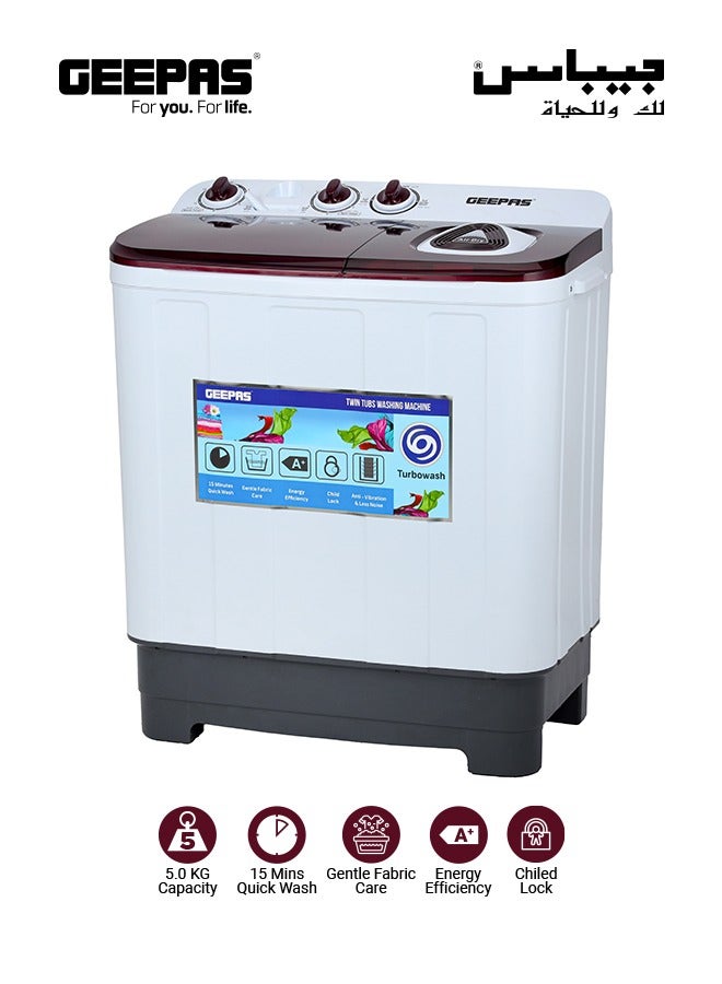 Geepas 5Kg Semi-Automatic Twin Tub Washing Machine - High-Efficiency, Portable Washer/Spin Dryer Combo | Magic Filter, Air Dry, 510W Motor | Model GSWM18045 5 kg 510 W GSWM18045 White - Image 2