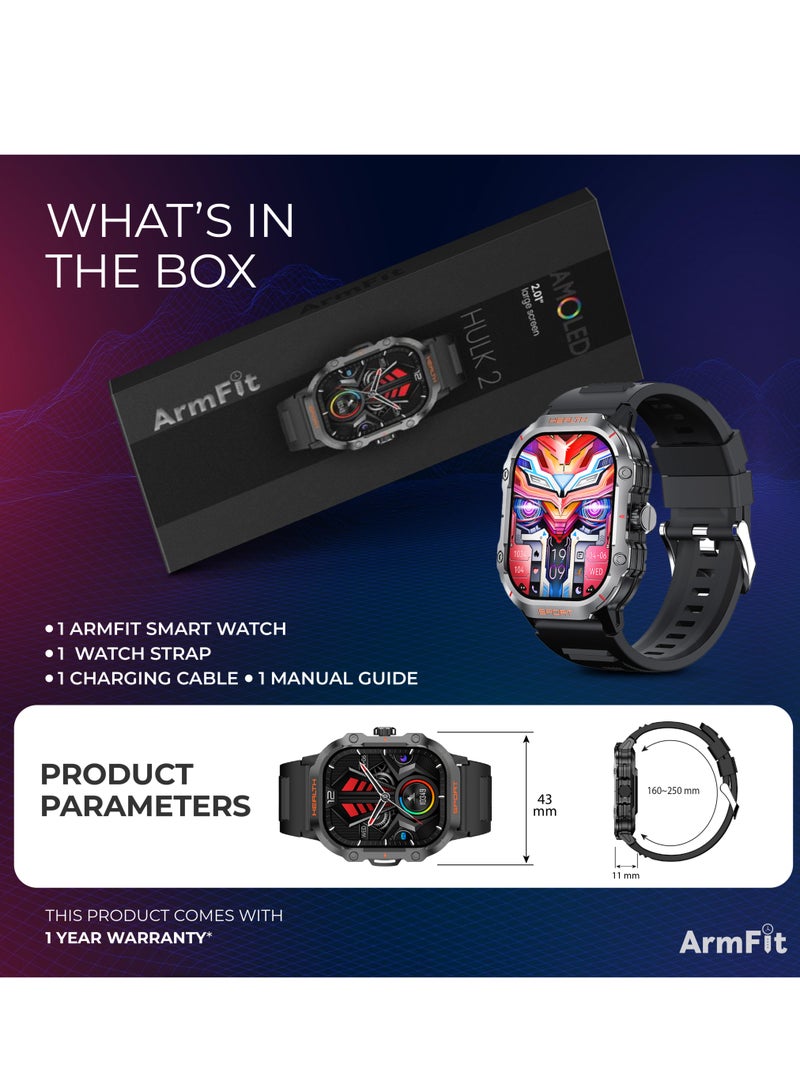 ArmFit - Hulk2 Smartwatch For Men And Women, AMOLED Always On Display Bluetooth Calling Waterproof Fitness Watches Compatible With Android iOS Black - Image 1