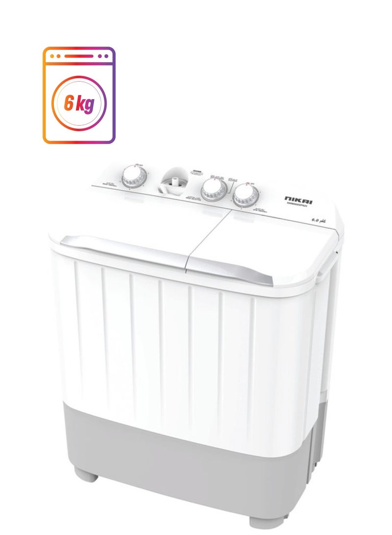 نيكاي غسالة شبه أوتوماتيكية بحوضين، تشغيل صامت، هيكل مقاوم للصدأ، سعة 6 كجم، NWM0800SPN24، أبيض