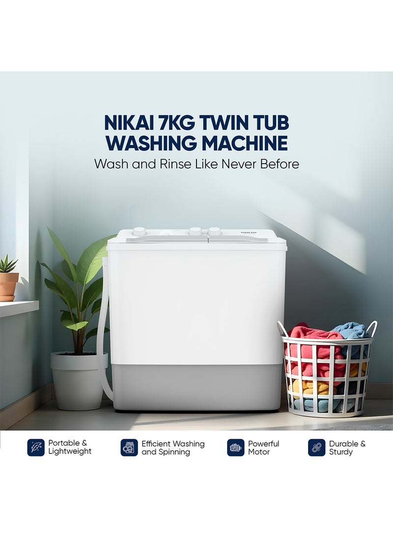 NIKAI - 7kg Twin Tub Semi-Automatic Washing Machine | 5kg Spin Capacity | Rust-Free Plastic Body | Quick Wash | Shock-Proof Design | Silent & Water-Efficient NWM0900SPN24 White - Image 1