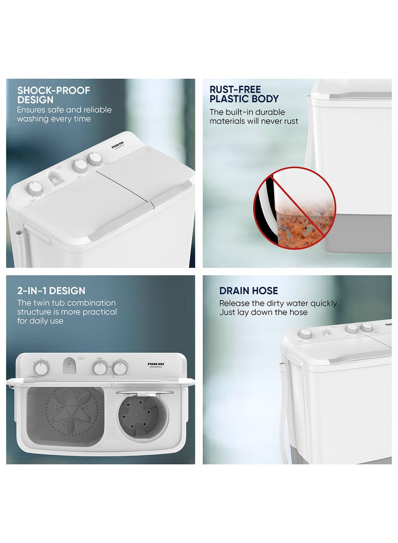 7kg Twin Tub Semi-Automatic Washing Machine | 5kg Spin Capacity | Rust-Free Plastic Body | Quick Wash | Shock-Proof Design | Silent & Water-Efficient NWM0900SPN24 White - pnsku/N70063289V/45/_/1731416297/079f327d-3ff0-4f5a-a0fe-26ded969d608