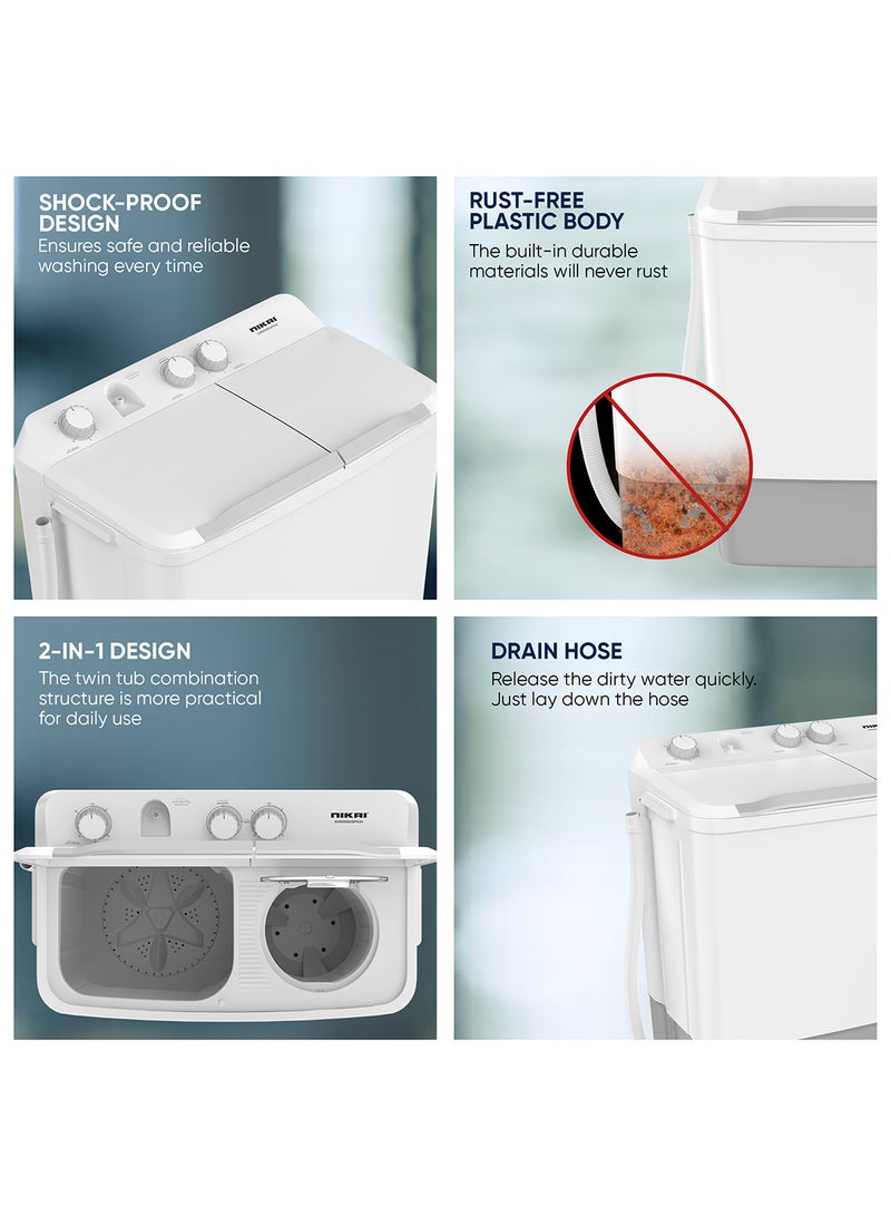 NIKAI - 7kg Twin Tub Semi-Automatic Washing Machine | 5kg Spin Capacity | Rust-Free Plastic Body | Quick Wash | Shock-Proof Design | Silent & Water-Efficient NWM0900SPN24 White - Image 1