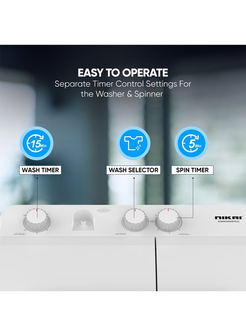NIKAI - 7kg Twin Tub Semi-Automatic Washing Machine | 5kg Spin Capacity | Rust-Free Plastic Body | Quick Wash | Shock-Proof Design | Silent & Water-Efficient NWM0900SPN24 White - Image 1