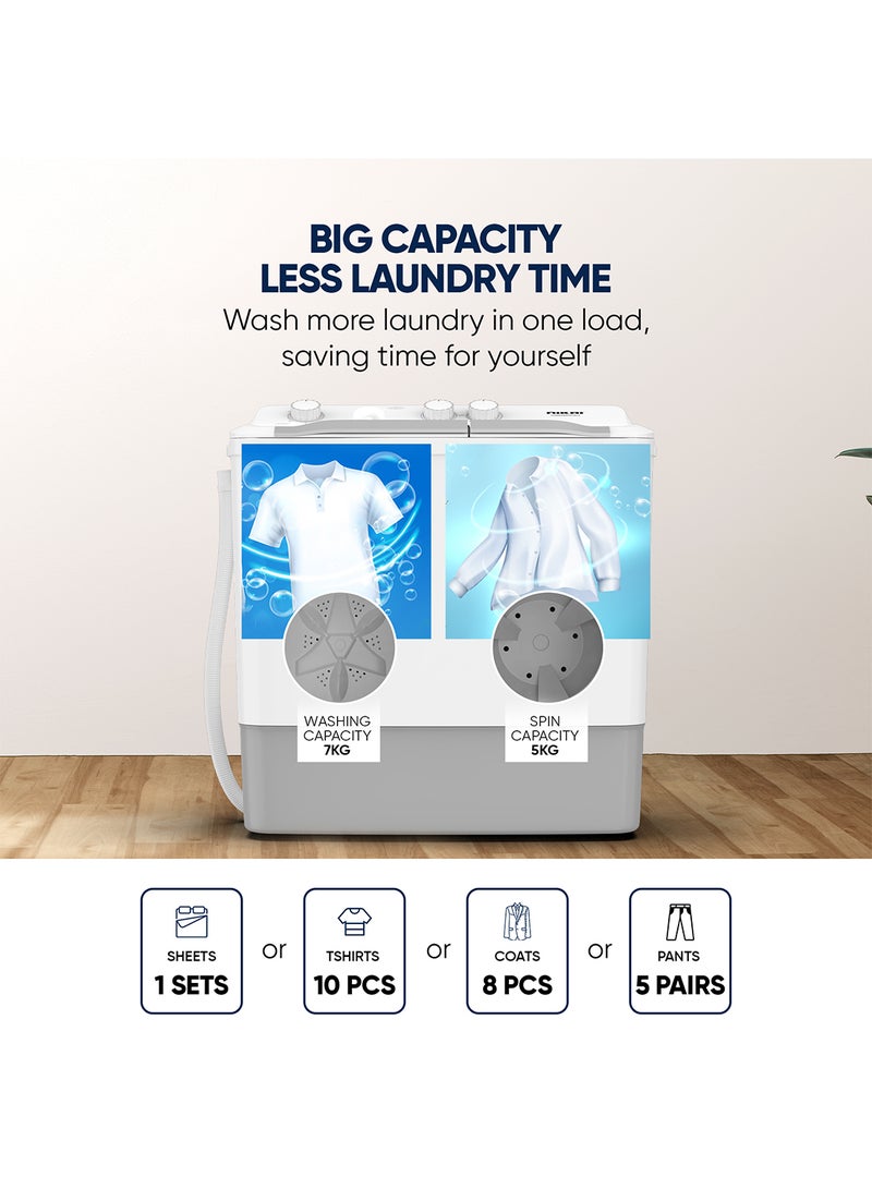 7kg Twin Tub Semi-Automatic Washing Machine | 5kg Spin Capacity | Rust-Free Plastic Body | Quick Wash | Shock-Proof Design | Silent & Water-Efficient NWM0900SPN24 White - pnsku/N70063289V/45/_/1731416298/89c5c9b4-0da3-4554-9a70-7d245eaa5648