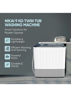 NIKAI 9kg Twin Tub Semi-Automatic Washing Machine | 5kg Spin Capacity | Rust-Free Plastic Body | Quick Wash | Shock-Proof Design | Silent & Water-Efficient NWM1000SPN24 White  - Image 2