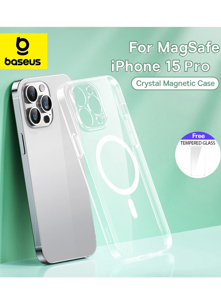 Baseus iPhone 15 Pro Magnetic Cover Mag Safe Compatible Hybrid Protective Crystal Hard Back Case Shockproof Slim Transparent Case, Anti Yellowing Including Tempered Glass Screen Protector Clear  - Image 1