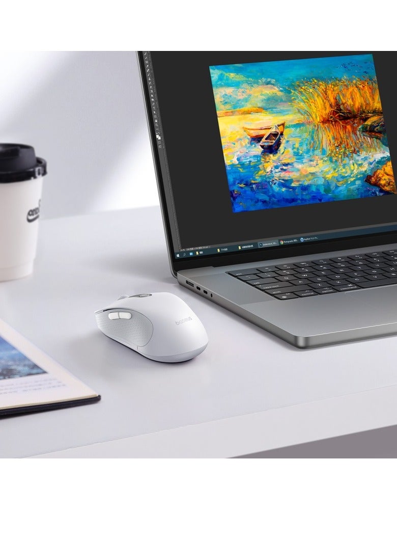F02 Wireless Mouse Bluetooth V5.2 and 2.4GHz Connectivity Silent Mouse 4000DPI Ergonomic 6 Mute Buttons Mice for iPad, MacBook, Tablet, Laptop, Computer Gaming Mouse, Including Battery- White