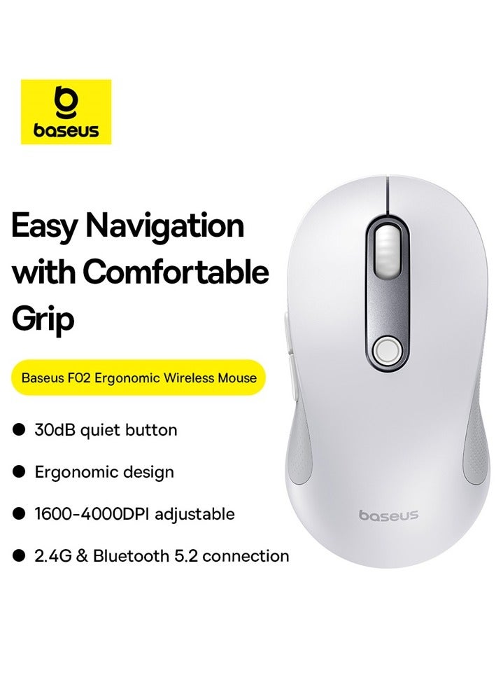 F02 Wireless Mouse Bluetooth V5.2 and 2.4GHz Connectivity Silent Mouse 4000DPI Ergonomic 6 Mute Buttons Mice for iPad, MacBook, Tablet, Laptop, Computer Gaming Mouse, Including Battery- White