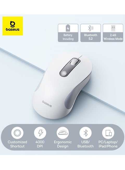 F02 Wireless Mouse Bluetooth V5.2 and 2.4GHz Connectivity Silent Mouse 4000DPI Ergonomic 6 Mute Buttons Mice for iPad, MacBook, Tablet, Laptop, Computer Gaming Mouse, Including Battery- White