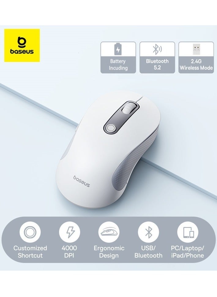 Baseus F02 Wireless Mouse Bluetooth V5.2 and 2.4GHz Connectivity Silent Mouse 4000DPI Ergonomic 6 Mute Buttons Mice for iPad, MacBook, Tablet, Laptop, Computer Gaming Mouse, Including Battery- White  - Image 1