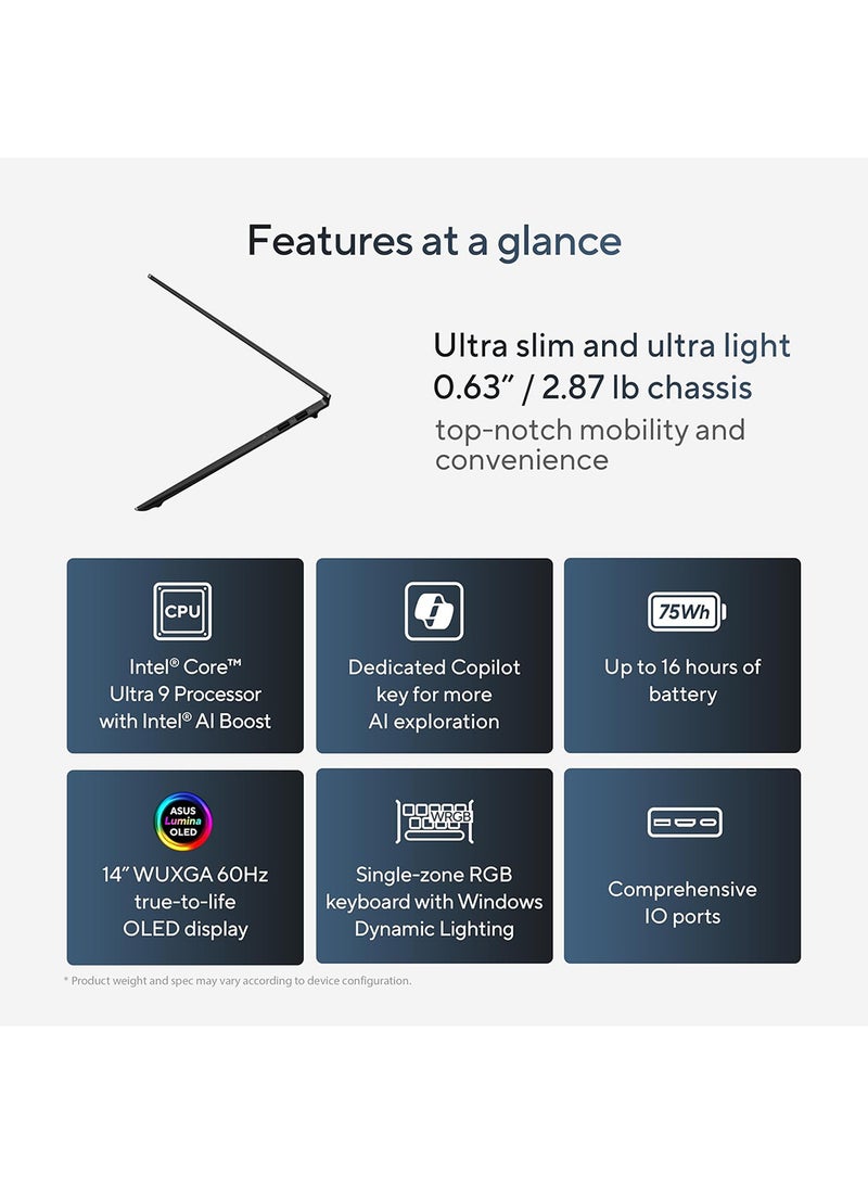 أسوس كمبيوتر محمول Vivobook S 14 OLED S5406MA-OLEDU711WB بشاشة مقاس 14 بوصة، ومعالج Core Ultra 9-185H/ذاكرة وصول عشوائي سعة 16 جيجابايت/محرك أقراص SSD سعة 1 تيرابايت/بطاقة رسومات Intel UHD/نظام التشغيل Windows 11 Home  - Image 2
