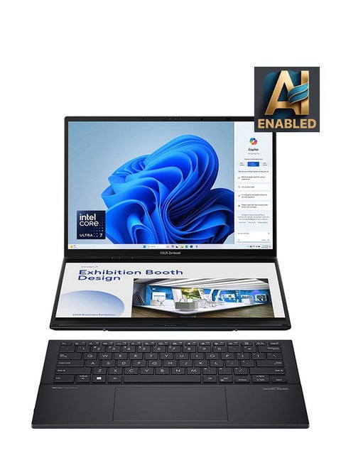 كمبيوتر محمول Zenbook Duo OLED UX8406MA-OLEDI7IG بشاشة مقاس 14 بوصة، ومعالج Core Ultra 7-155H/ذاكرة الوصول العشوائي سعة 16 جيجابايت/محرك أقراص SSD سعة 1 تيرابايت/بطاقة رسومات Intel UHD/شاشة تعمل باللمس مع قلم/لوحة مفاتيح ناعمة/نظام التشغيل Windows 11 Home