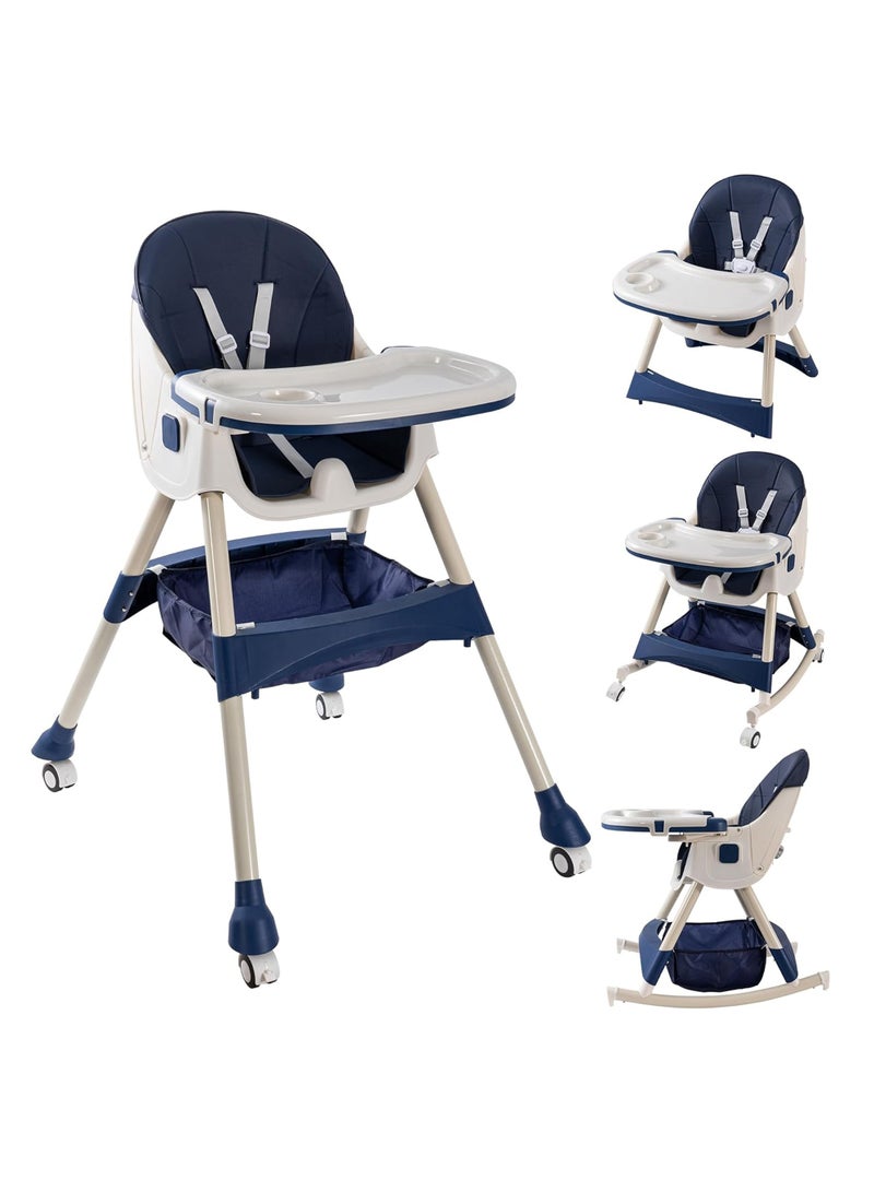Rock Pow Baby High Chair, Folding Recline Feeding Seat Height Adjustable Child Feeding Chair, Multifunctional Baby Dining Chair With Removable Double Compartment Plate - Image 1