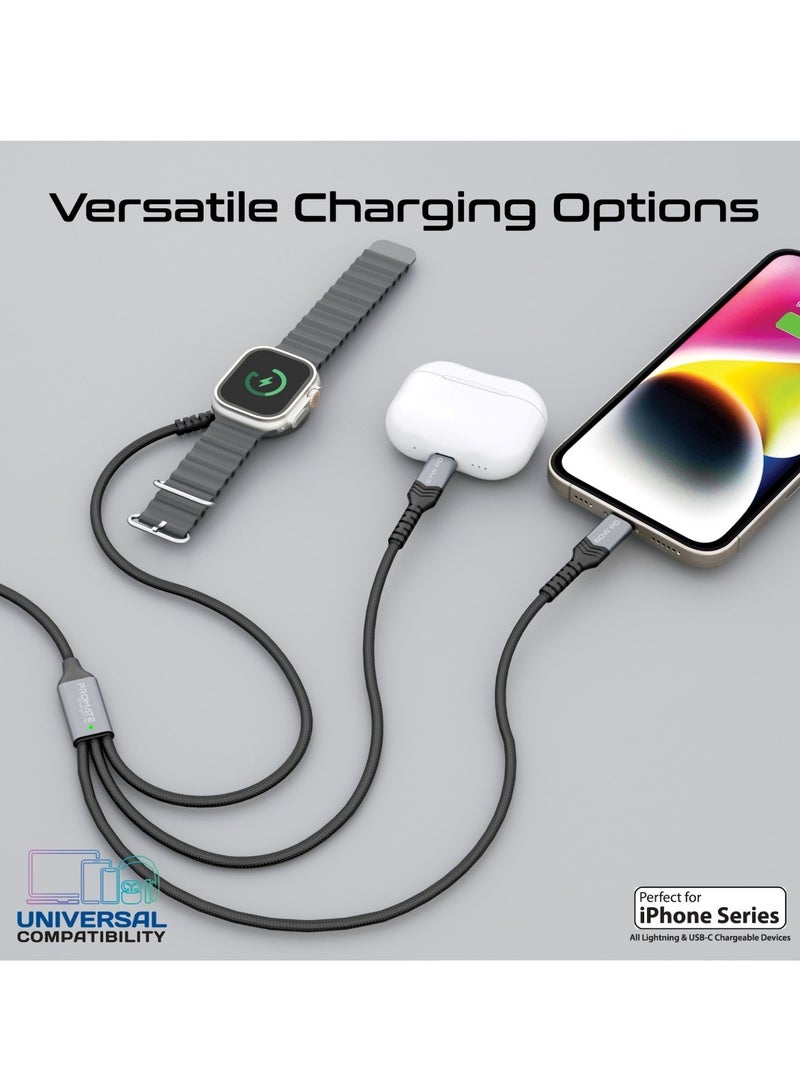 PROMATE - 5-in-1 Multiple Charging Cable, Ultra-fast 60W USB-C To USB-C, 27W Lightning Connector, And Apple Watch Charger, 480Mbps Data Transfer, Durable Fabric Braided And 1.5M Long, Icharge-Trio Black - Image 1