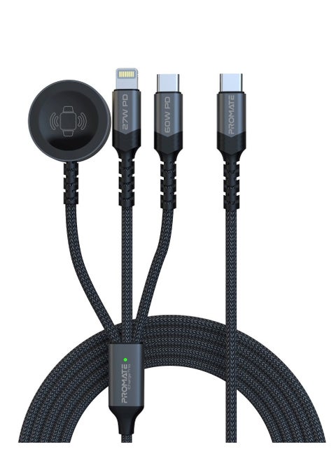 5-in-1 Multiple Charging Cable, Ultra-fast 60W USB-C To USB-C, 27W Lightning Connector, And Apple Watch Charger, 480Mbps Data Transfer, Durable Fabric Braided And 1.5M Long, Icharge-Trio Black