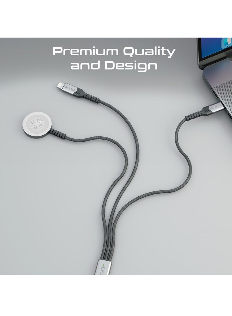 PROMATE - 5-in-1 Multiple Charging Cable, Ultra-fast 60W USB-C To USB-C, 27W Lightning Connector, And Apple Watch Charger, 480Mbps Data Transfer, Durable Fabric Braided And 1.5M Long, Icharge-Trio Black - Image 1