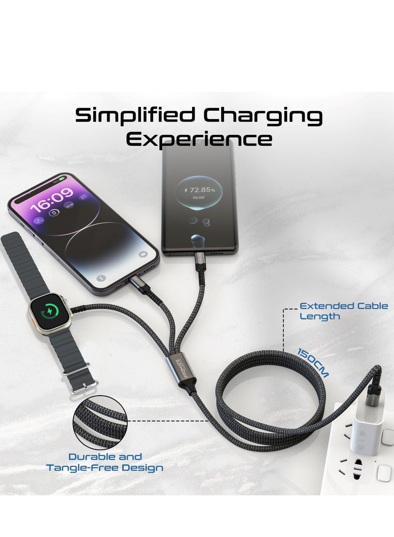 PROMATE - 5-in-1 Multiple Charging Cable, Ultra-fast 60W USB-C To USB-C, 27W Lightning Connector, And Apple Watch Charger, 480Mbps Data Transfer, Durable Fabric Braided And 1.5M Long, Icharge-Trio Black - Image 1