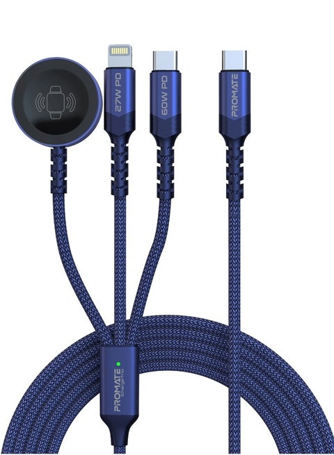5-in-1 Multiple Charging Cable, Ultra-fast 60W USB-C To USB-C, 27W Lightning Connector, And Apple Watch Charger, 480Mbps Data Transfer, Durable Fabric Braided And 1.5M Long, Icharge-Trio Blue