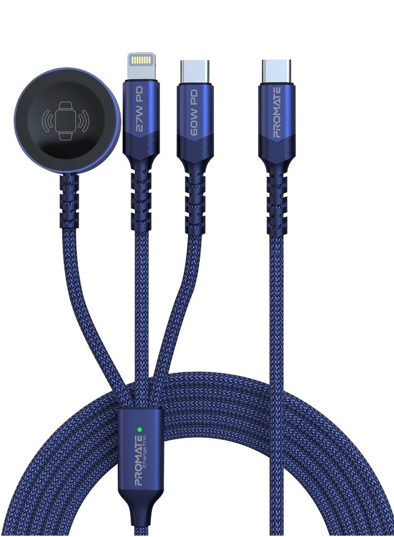 PROMATE - 5-in-1 Multiple Charging Cable, Ultra-fast 60W USB-C To USB-C, 27W Lightning Connector, And Apple Watch Charger, 480Mbps Data Transfer, Durable Fabric Braided And 1.5M Long, Icharge-Trio Blue - Image 1