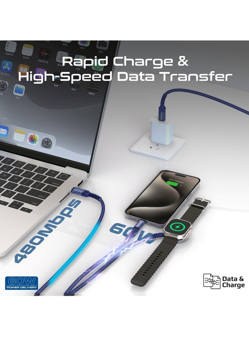 PROMATE - 5-in-1 Multiple Charging Cable, Ultra-fast 60W USB-C To USB-C, 27W Lightning Connector, And Apple Watch Charger, 480Mbps Data Transfer, Durable Fabric Braided And 1.5M Long, Icharge-Trio Blue - Image 1