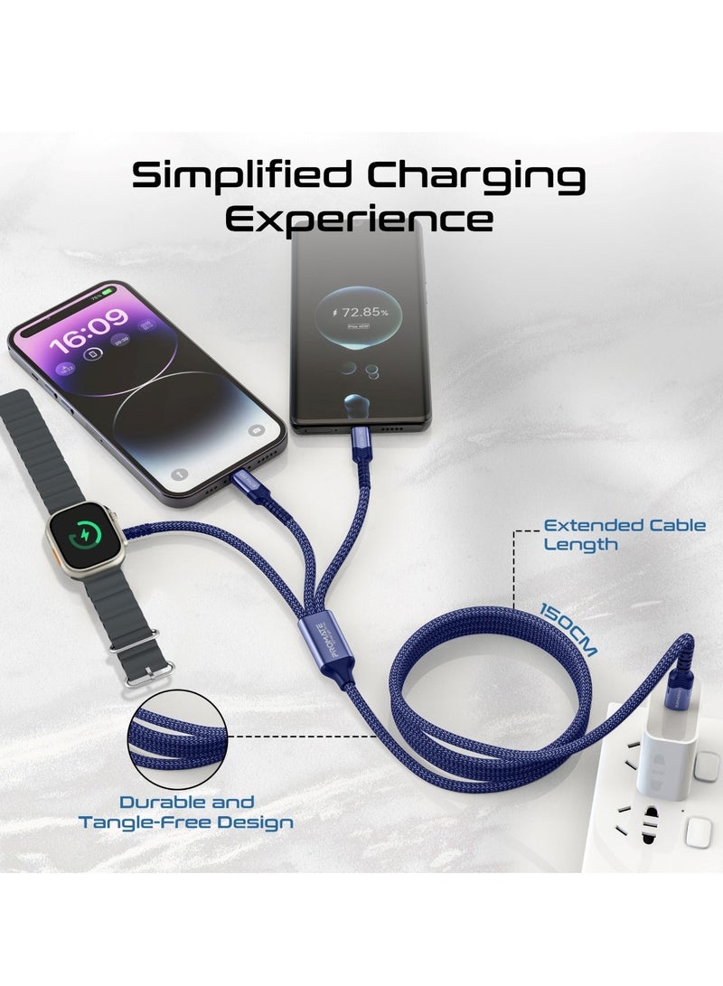 PROMATE - 5-in-1 Multiple Charging Cable, Ultra-fast 60W USB-C To USB-C, 27W Lightning Connector, And Apple Watch Charger, 480Mbps Data Transfer, Durable Fabric Braided And 1.5M Long, Icharge-Trio Blue - Image 1