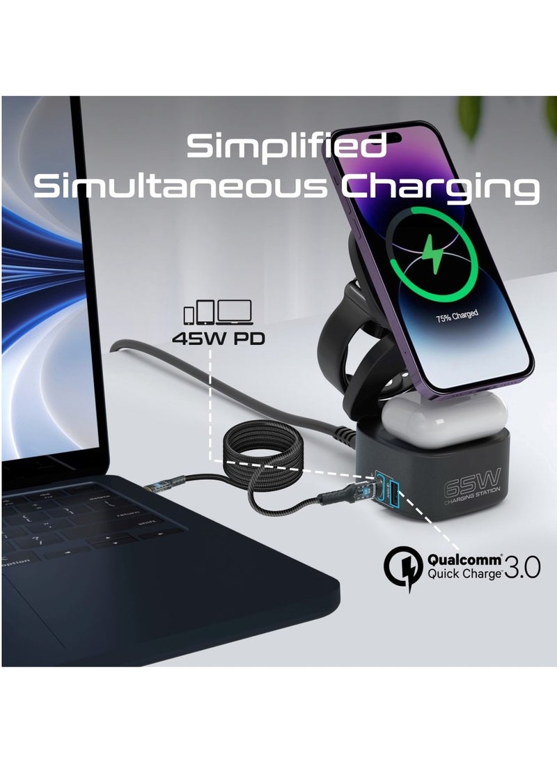 Foldable 5-in-1 Ganfast 65W Magnetic Charging Station With 15W Wireless Pad, Airpods And Apple Watch Fast Charging, Qualcomm QC 3.0 USB-A, 45W USB-C Power Delivery Port, Rubix-65W Black