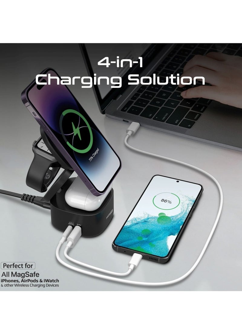 Foldable 5-in-1 Ganfast 65W Magnetic Charging Station With 15W Wireless Pad, Airpods And Apple Watch Fast Charging, Qualcomm QC 3.0 USB-A, 45W USB-C Power Delivery Port, Rubix-65W Black