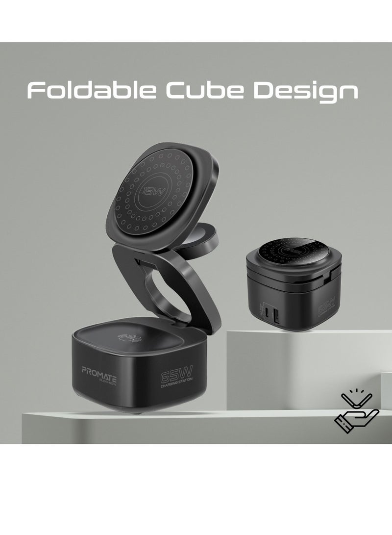 Foldable 5-in-1 Ganfast 65W Magnetic Charging Station With 15W Wireless Pad, Airpods And Apple Watch Fast Charging, Qualcomm QC 3.0 USB-A, 45W USB-C Power Delivery Port, Rubix-65W Black