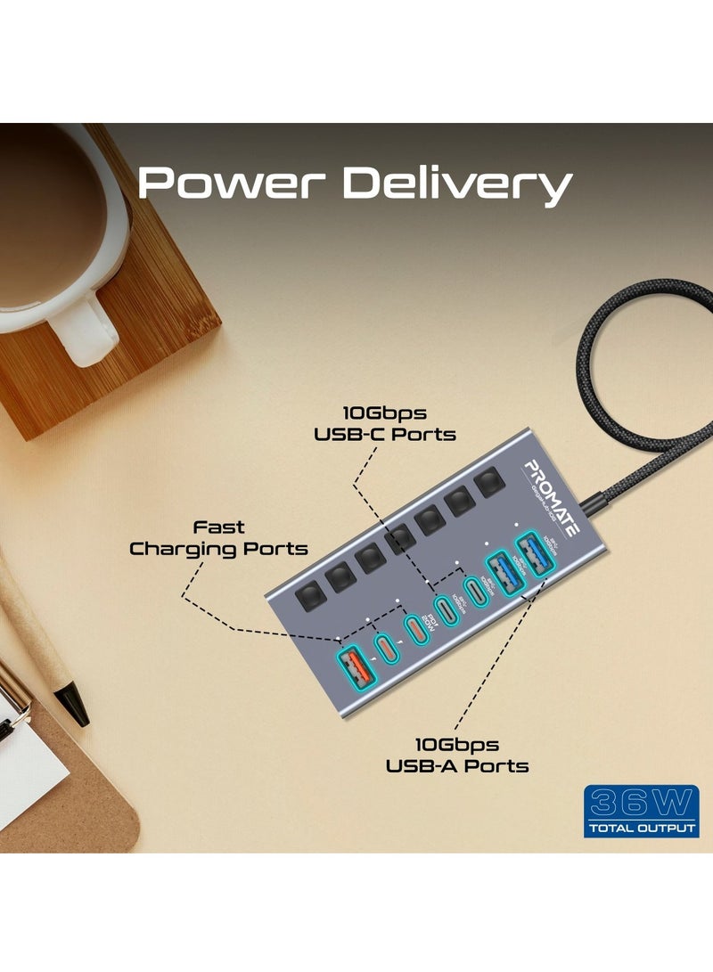 PROMATE 7-in-1 USB-C Multiport Hub,  Dual USB-C And USB-A Ports With 10Gbps Data Transfer, Fast Charging USB-C And USB-A Ports, 20W USB-C PD Port, Individual Power Switch And Plug And Play, Gegahub-10G Grey  - Image 3