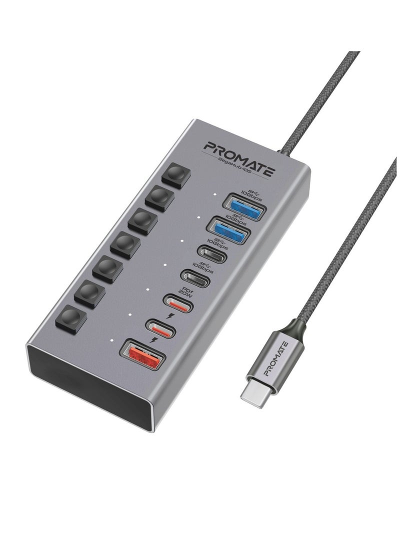 PROMATE 7-in-1 USB-C Multiport Hub,  Dual USB-C And USB-A Ports With 10Gbps Data Transfer, Fast Charging USB-C And USB-A Ports, 20W USB-C PD Port, Individual Power Switch And Plug And Play, Gegahub-10G Grey  - Image 1