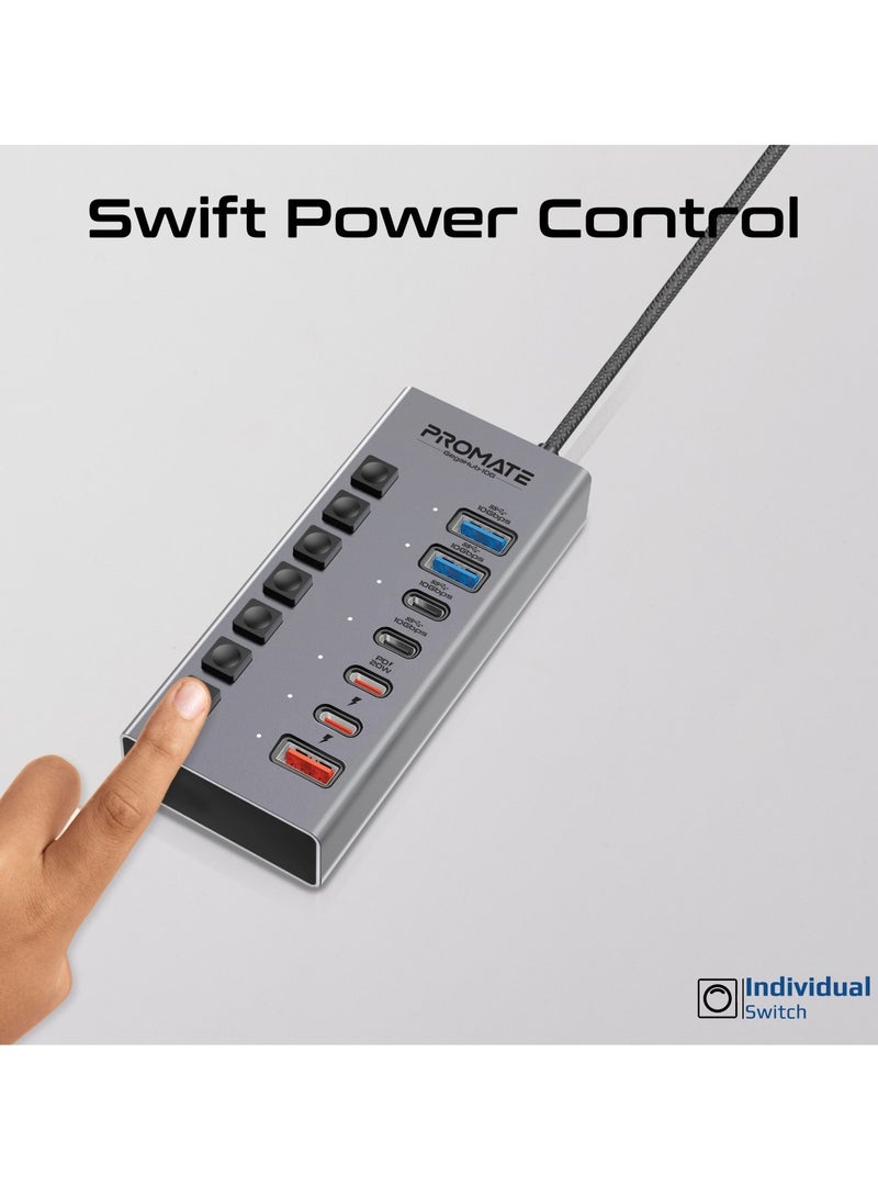PROMATE 7-in-1 USB-C Multiport Hub,  Dual USB-C And USB-A Ports With 10Gbps Data Transfer, Fast Charging USB-C And USB-A Ports, 20W USB-C PD Port, Individual Power Switch And Plug And Play, Gegahub-10G Grey  - Image 5
