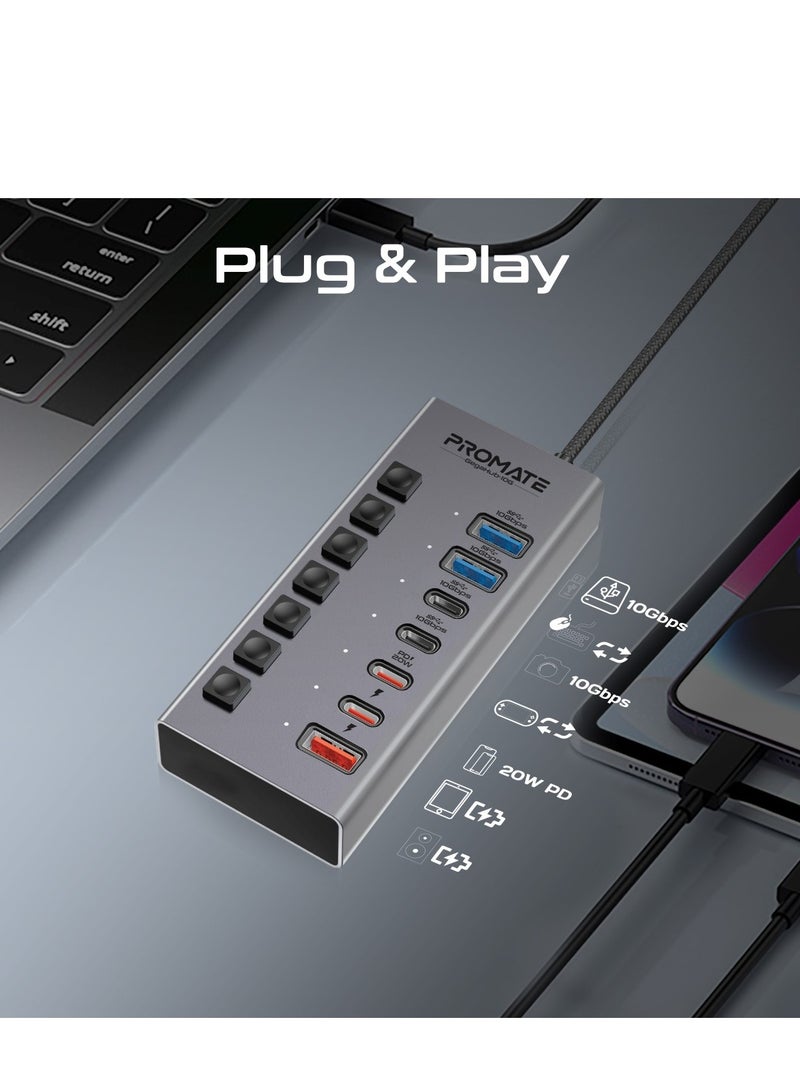 PROMATE 7-in-1 USB-C Multiport Hub,  Dual USB-C And USB-A Ports With 10Gbps Data Transfer, Fast Charging USB-C And USB-A Ports, 20W USB-C PD Port, Individual Power Switch And Plug And Play, Gegahub-10G Grey  - Image 4